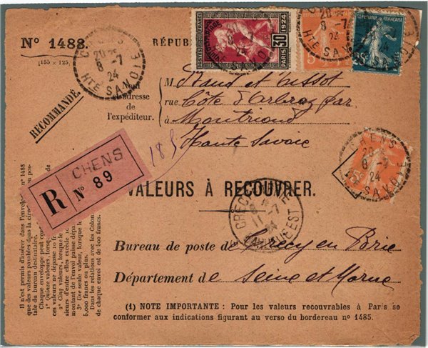 France, Paris 1924,Valeurs a Recouverer 31.08.1924, Olympic Games, Olympia, JO