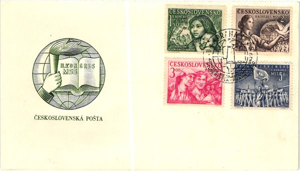 CSSR, 1950 II: Kongress MSS, Studenten Kongress Taube, Fahne, Mutter Kind, Arbeiter FDC