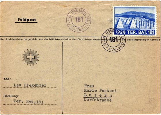 Schweiz Soldatenmarken, 1939 TER.BAT.181 Territorial. Feldpost