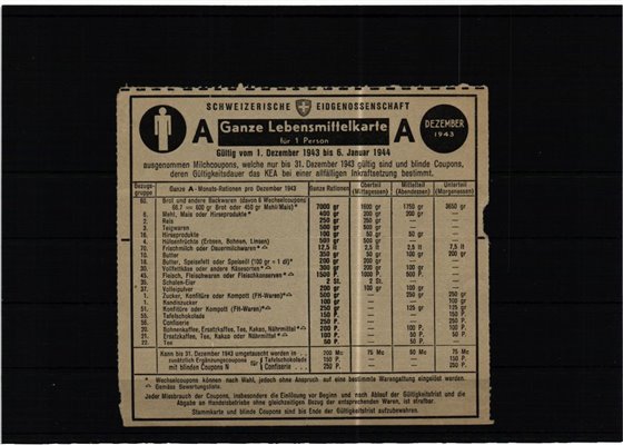 Schweiz Lebensmittelkarte 1943 bis 1944 Rote Kreuz, Eidgenossenschaft