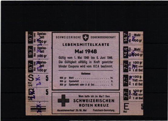 Schweiz Lebensmittelkarte 1948 Rote Kreuz, Speisefett, Mehl, Öl, Eidgenossenschaft