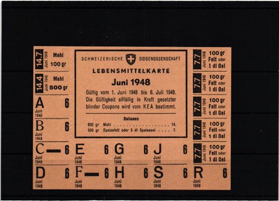 Schweiz Lebensmittelkarte 1948 Rote Kreuz, Speisefett, Mehl, Öl, Eidgenossenschaft