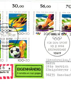 Deutschland, Sport, Mi. 1718-20 Reko FDC Fußball Paralympics IOC 1994 Olympische Spiele