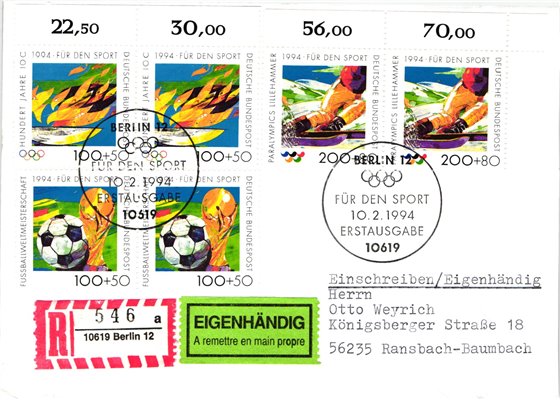 Deutschland, Sport, Mi. 1718-20 Reko FDC Fußball Paralympics IOC 1994 Olympische Spiele