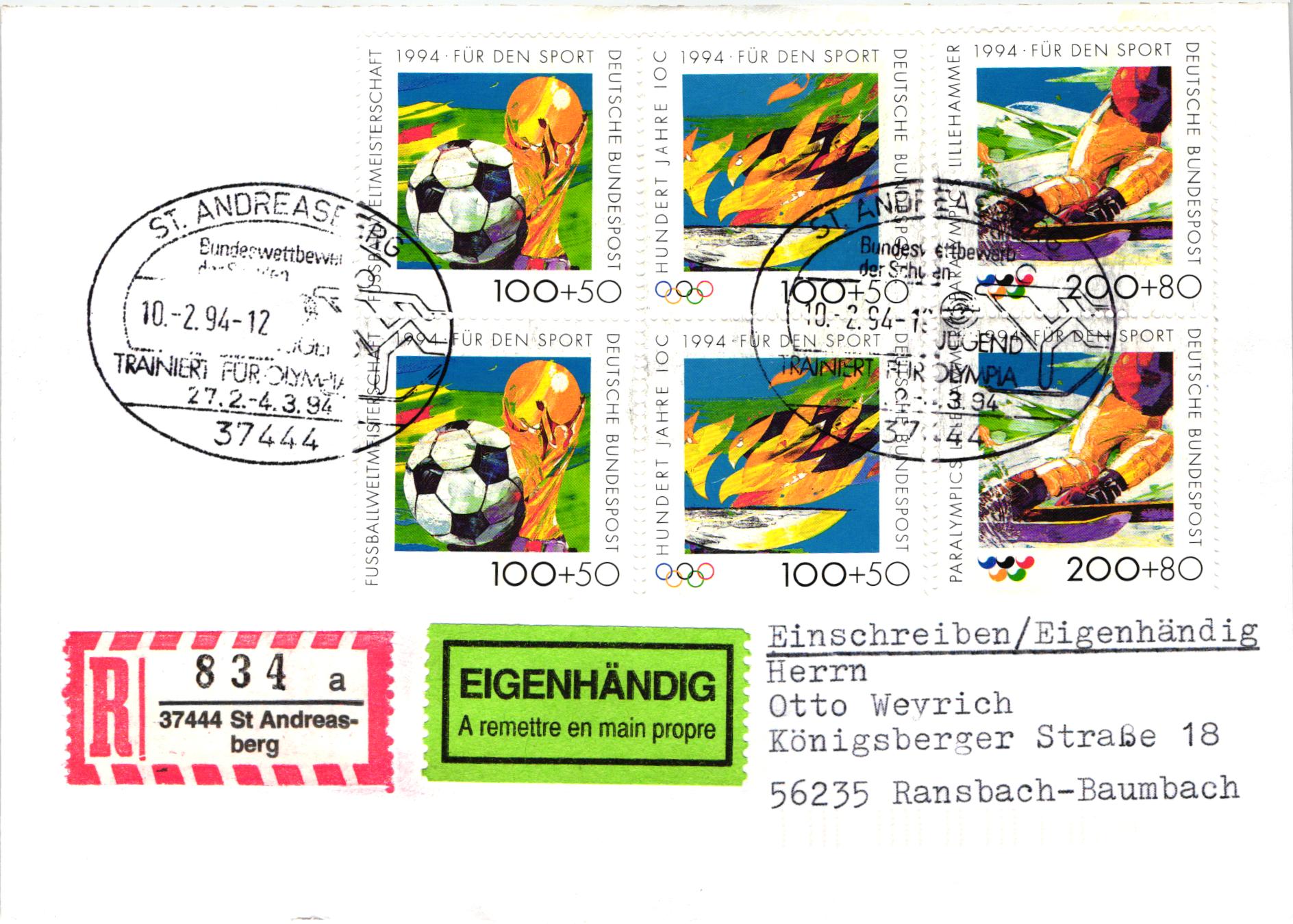 Deutschland, Sport, Mi. 1718-20 Reko FDC Fußball, Paralympics, IOC 1994 Olympische Spiele