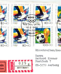 Deutschland, Sport, Mi. 1717-20 Reko Rückschein FDC Eiskunstlauf Olympia Fußball Lillehammer 1994 Olympische Spiele IOC