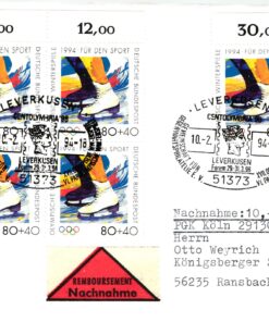 Deutschland, Sport, Mi. 1717 Nachnahme FDC Eiskunstlauf Lillehammer 1994 Leverkusen Centolymbria Olympische Spiele
