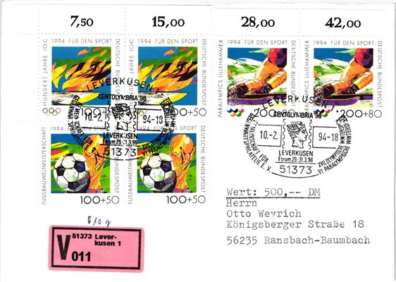 Deutschland, Sport, Mi. 1718-20 Wertbrief FDC Eiskunstlauf Lillehammer 1994 Leverkusen Centolymbria Olympische Spiele