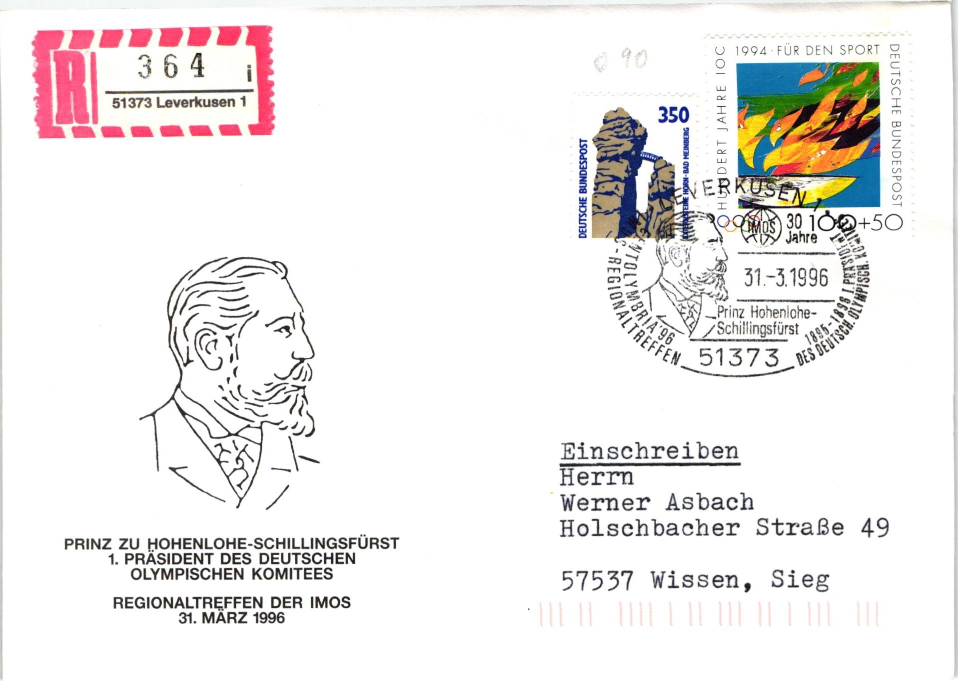 Deutschland, Sport, Mi. 1719 Reko IOC Hohenlohe IMOS Centolymbria '96 1996 Olympische Spiele