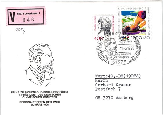 Deutschland, Sport, Mi. 1720 Wertbrief IOC Hohenlohe IMOS Centolymbria '96 1996 Olympische Spiele