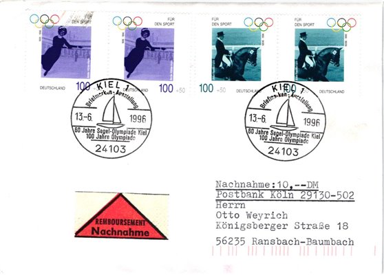 Deutschland, Sport, Mi. 1862-63 Nachnahme FDC Kiel 100 Jahre  Olympische Spiele Segel Olympiade