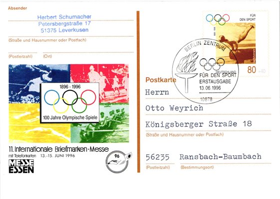 Deutschland, Sport, Mi. 1861 FDC 1996 100 Jahre Olympische Spiele, Schuhmann Carl