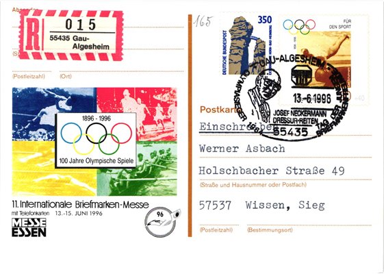 Deutschland, Sport, Mi. 1861 Reko 100 J. Olympische Spiele, Gau Algesheim Josef Neckermann, Dressur Reiten