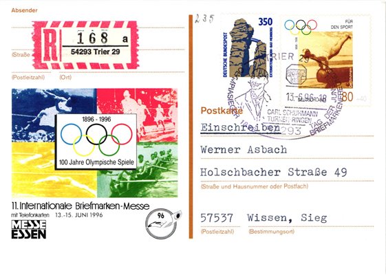 Deutschland, Sport, Mi. 1861 Reko 100 J. Olympische Spiele,Carl Schuhmann Turnen Ringen 1896