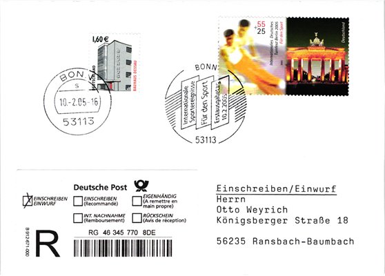 Deutschland, Sport, Mi. 2441 Reko FDC Turnfest Berlin 2005 Bonn