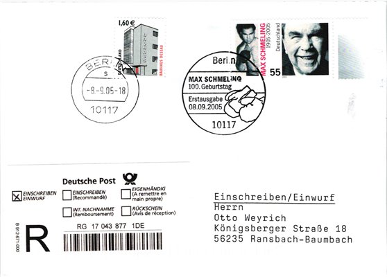 Deutschland, Sport, Mi. 2489 Reko FDC Max Schmeling Boxen Berlin Boxhandschuhe