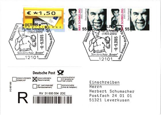 Deutschland, Sport, Mi. 2489 Reko FDC Max Schmeling Boxen Berlin Boxhandschuhe Sonderschau