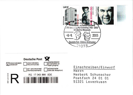 Deutschland, Sport, Mi. 2489 Reko FDC Max Schmeling Boxen Hamburg Faust Helms Museum