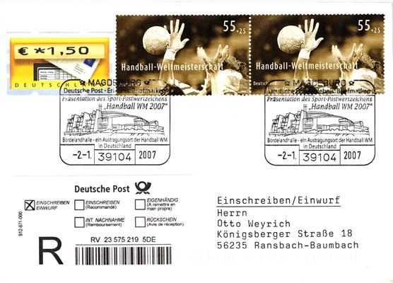 Deutschland, Sport, Mi. 2578 Reko 2007 Handball WM 2007 Magdeburg Bördelandhalle