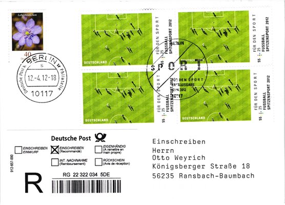 Deutschland, Sport, Mi. 2924 Reko FDC 2012 Spitzensport Fußball Soccer