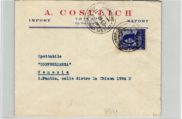 Trieste A AMG FTT, Busta Lorenzo Magnifico 1949 viaggiata