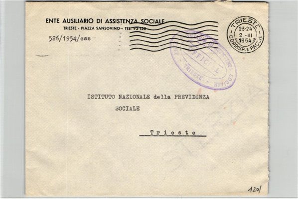 Trieste A AMG FTT, 1954 Busta Ente Ausiliario Assistenza Sociale