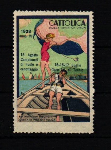 Poster stamp cinderella Vignette Cattolica 1928 Campionati canottaggio nuoto Tennis