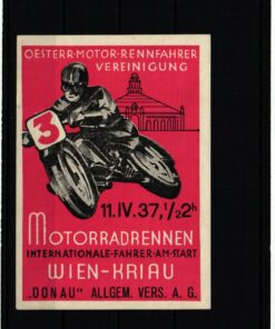 Poster stamp cinderella Vignette Sport Motorrad Rennen Wien Kriau 1937 Vereinigung Österreich