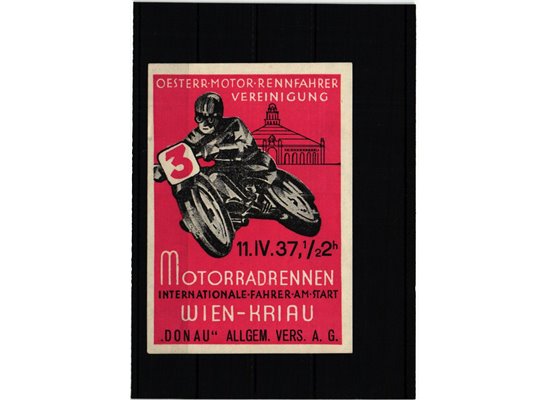 Poster stamp cinderella Vignette Sport Motorrad Rennen Wien Kriau 1937 Vereinigung Österreich