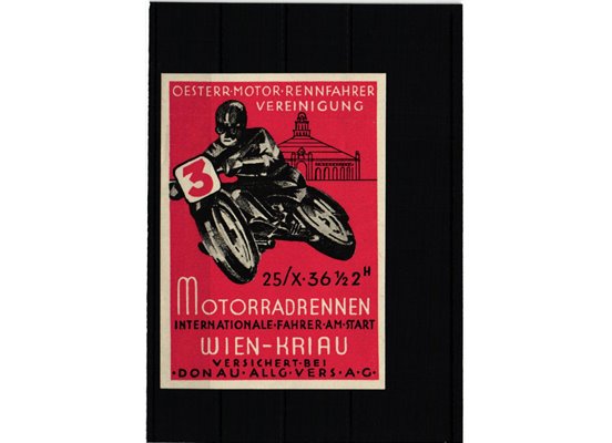 Poster stamp cinderella Vignette Sport Motorrad Rennen Wien Kriau 1936 Vereinigung Österreich