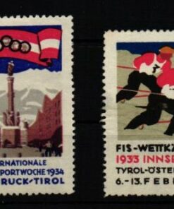 Poster stamp cinderella Vignette Innsbruck FIS Wettkämpfe 1933 Wintersportwoche 1934 Tirol Ski Skisport
