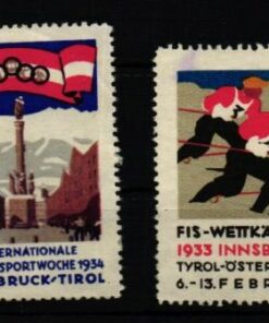 Poster stamp cinderella Vignette Innsbruck Innsbreuck Tirol FIS Wettkämpfe 1933 Wintersport 1934 Tirol Skiing