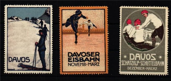 Poster stamp cinderella Vignette Davos Ski, Eisbahn Schlittelbahn Rodeln Eislaufen