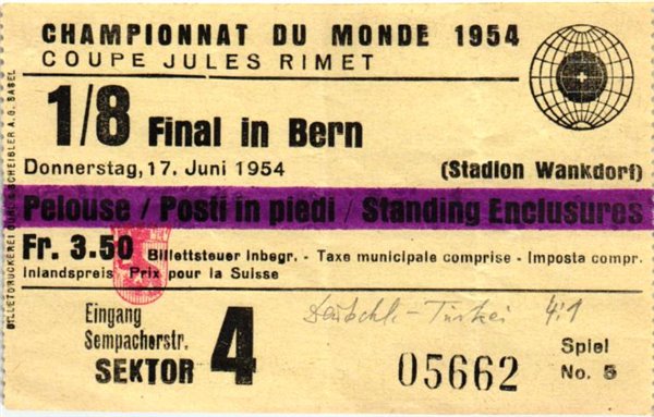 Ticket Championanat de monde 1954 Soccer Eintrittskarte Bern Deutschland Türkei WM Fußball, FIFA World Cup, Rimet