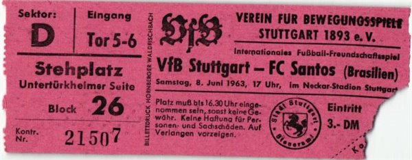 Ticket VfB Stuttgart FC Santos Brasilien 1963 Pele Neckar Stadion Soccer Eintrittskarte Fußball