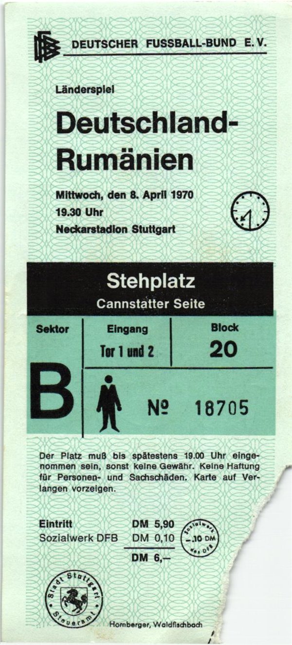 Ticket Deutschland Rumänien 1970 Freundschaftsspiel Soccer Eintrittskarte Stuttgart Neckarstadion DFB