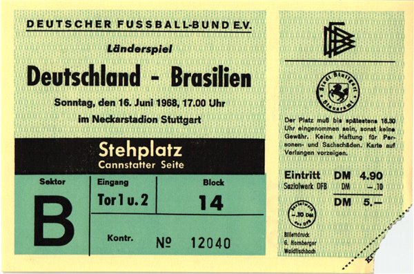 Ticket Deutschland Brasilien 1968 Freundschaftsspiel Soccer Eintrittskarte Beckenbauer Müller