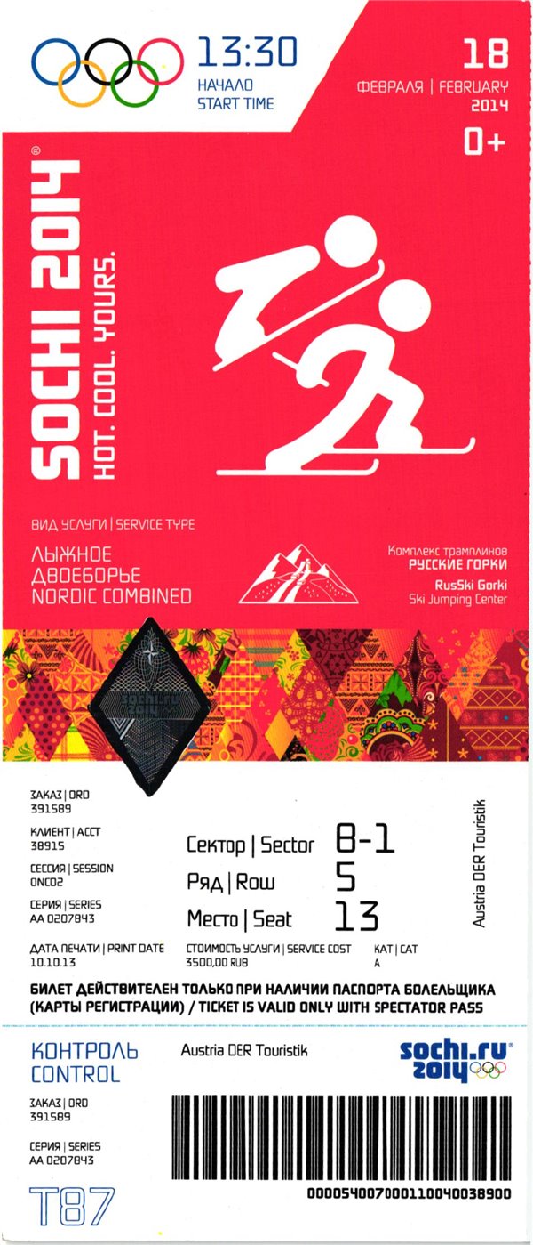 Olympic Games Sochi 2014 Nordic Combined Nordische Kombination 18.02.2014 Ticket
 Olympische Spiele