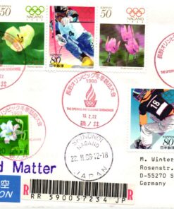 Japan registered cover 1998 Nagano Olympic Games posted Shinonoi and Nagano Opening Closing Ceremony
