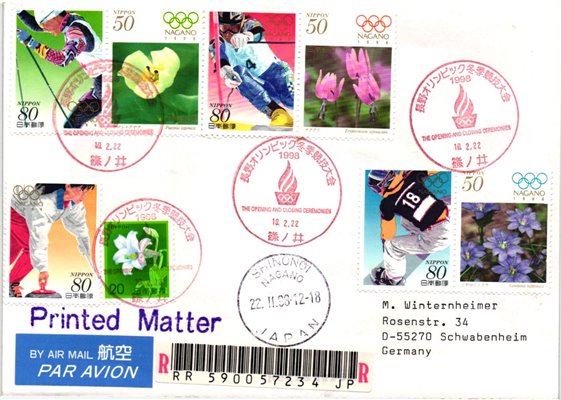 Japan registered cover 1998 Nagano Olympic Games posted Shinonoi and Nagano Opening Closing Ceremony