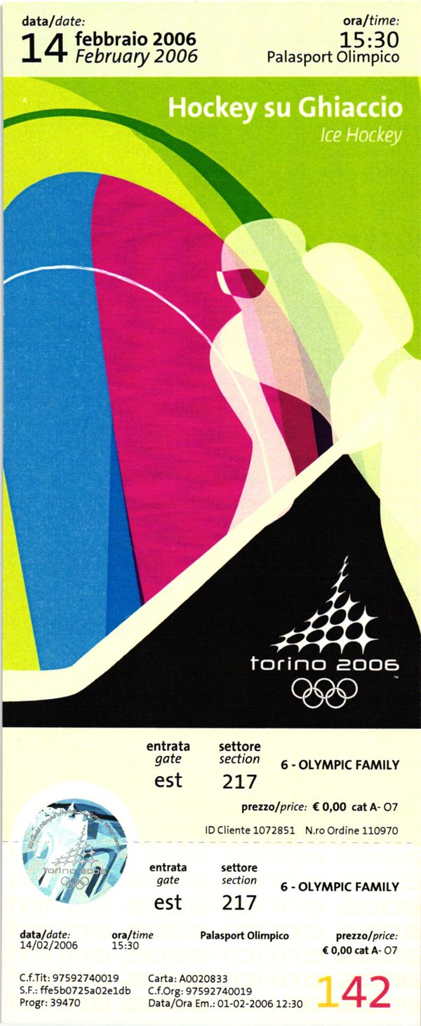 Italy, Ticket Olympic Winter Games Torino 2006. Ice Hockey su Ghiaccio 14.02.2006 Olympische Winterspiele