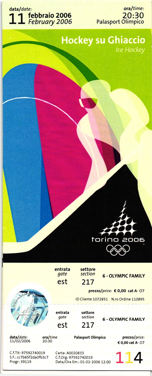 Italy, Ticket Olympic Winter Games Torino 2006. Ice Hockey su Ghiaccio 11.02.2006 Olympische Winterspiele