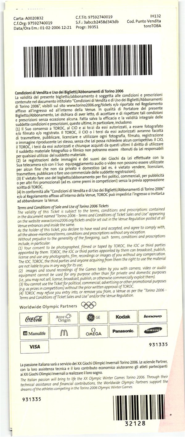 Italy, Ticket Olympic Winter Games Torino 2006. Ice Hockey su Ghiaccio 11.02.2006 Olympische Winterspiele – Bild 2