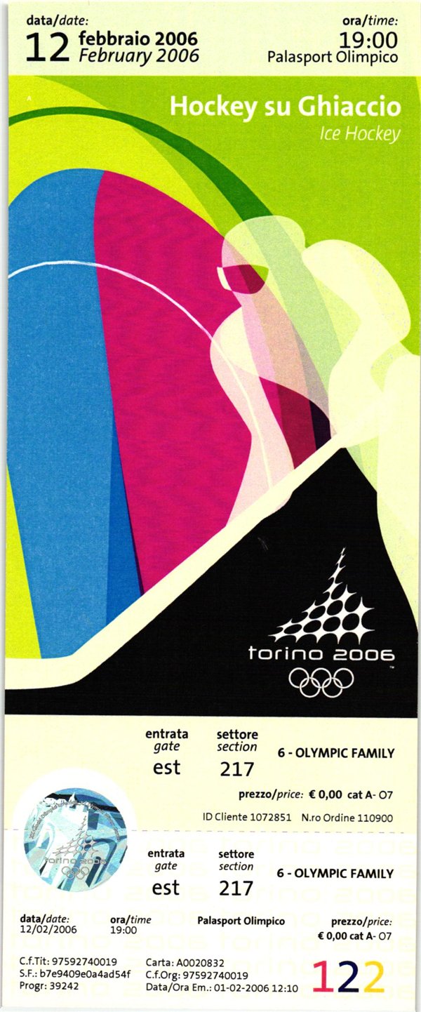 Italy, Ticket Olympic Winter Games Torino 2006. Ice Hockey su Ghiaccio 12.02.2006 Olympische Winterspiele