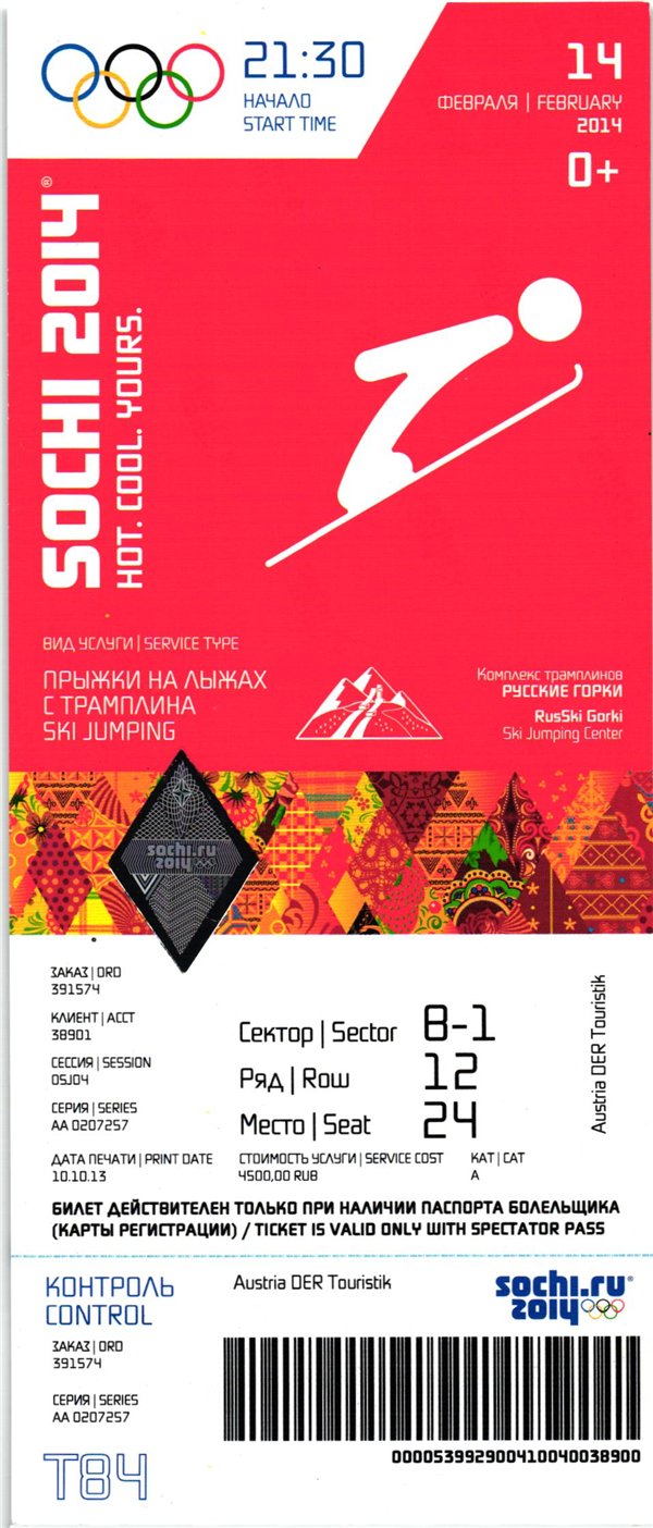 Olympic Games Sochi 2014 Ski Jumping Skispringen 14.02.2014 Ticket
 Olympische Spiele